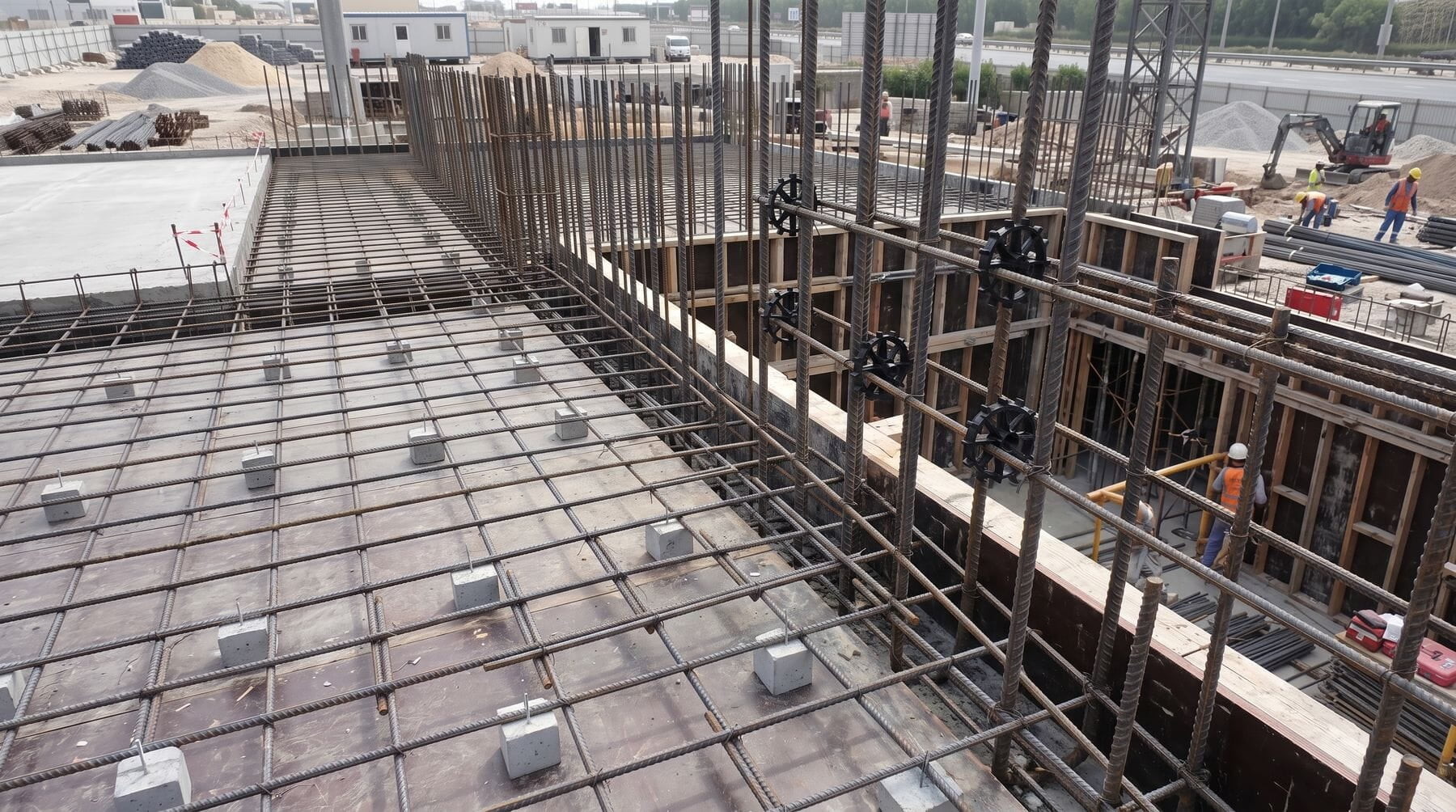 Obra con separador de hormigón cuadrado en la malla horizontal y separadores plásticos tipo rueda en la armadura vertical